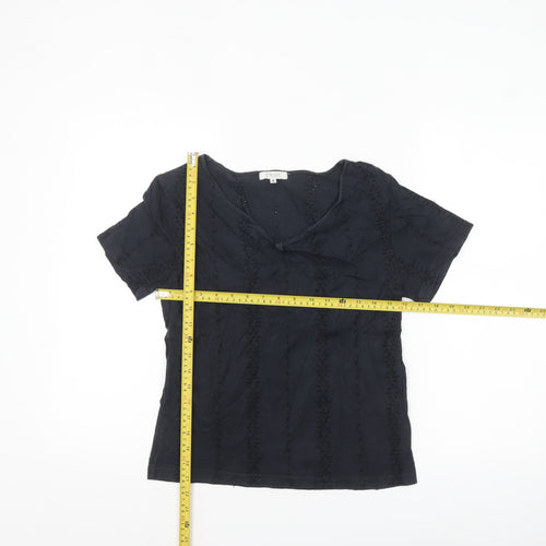 TWO:C Womens Black Embroidered Cotton Short Sleeve Blouse Size 6