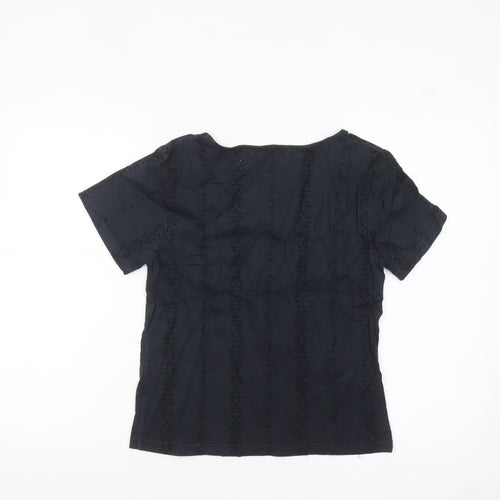 TWO:C Womens Black Embroidered Cotton Short Sleeve Blouse Size 6