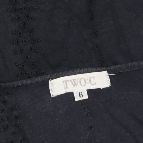 TWO:C Womens Black Embroidered Cotton Short Sleeve Blouse Size 6