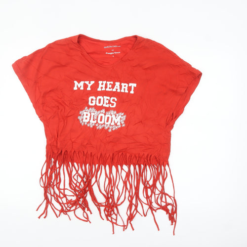 People Tree Women’s Red Cropped Fringe T-Shirt Size 8 V-Neck Organic Cotton