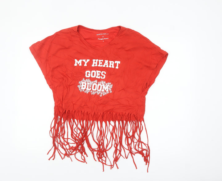 People Tree Women’s Red Cropped Fringe T-Shirt Size 8 V-Neck Organic Cotton