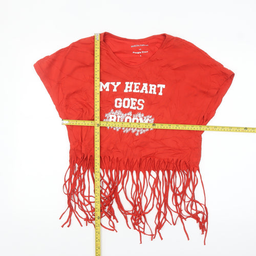 People Tree Women’s Red Cropped Fringe T-Shirt Size 8 V-Neck Organic Cotton