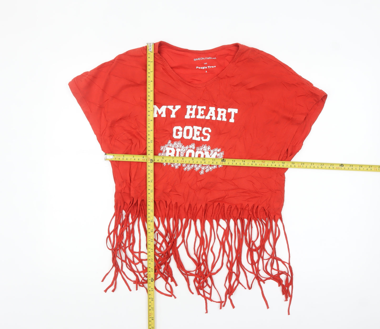 People Tree Women’s Red Cropped Fringe T-Shirt Size 8 V-Neck Organic Cotton