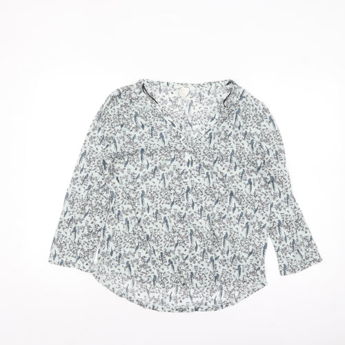 H&M Women's Blue Bird Print V-Neck 3/4 Sleeve Tunic Blouse Size S