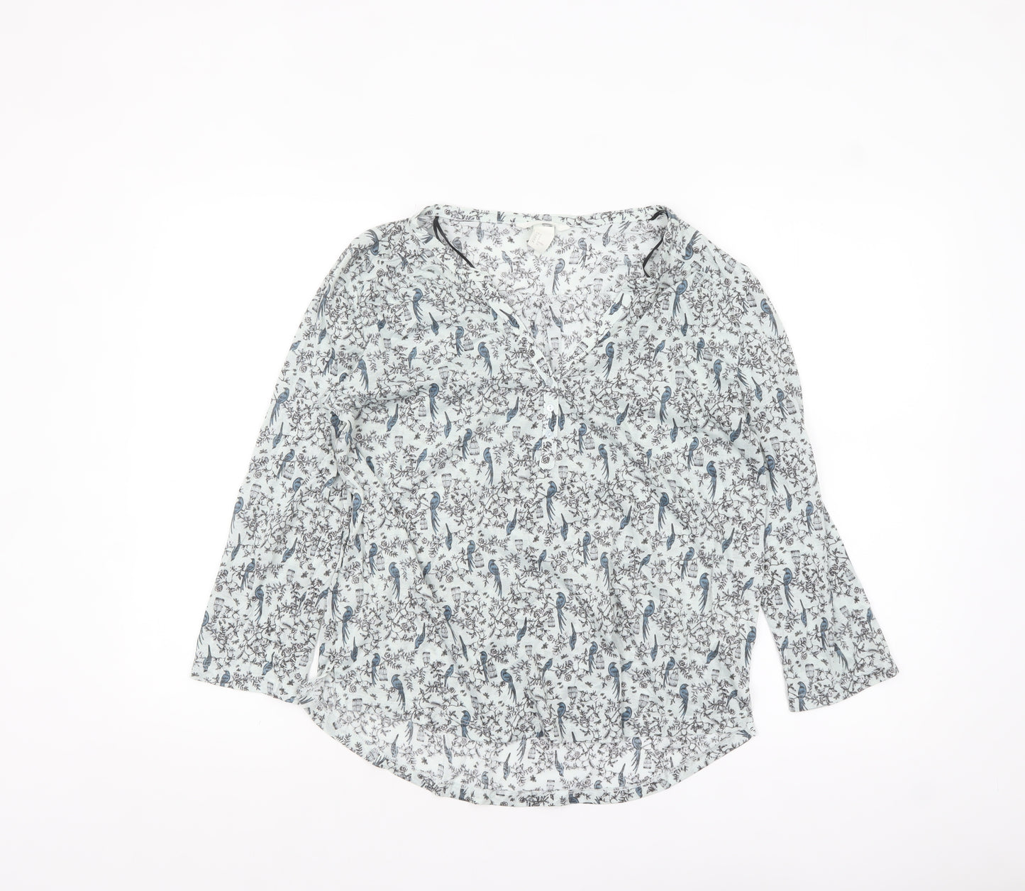 H&M Women's Blue Bird Print V-Neck 3/4 Sleeve Tunic Blouse Size S