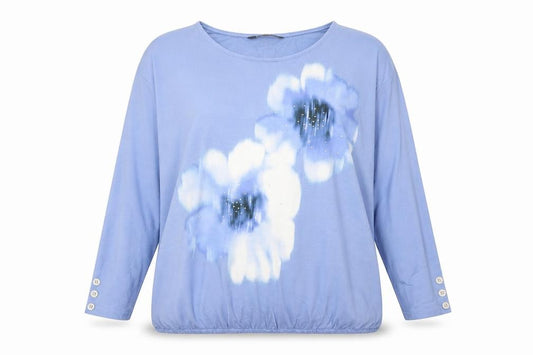 Front view of Bonmarché Women’s Blue Floral Tunic Blouse, size UK 14, Polyester