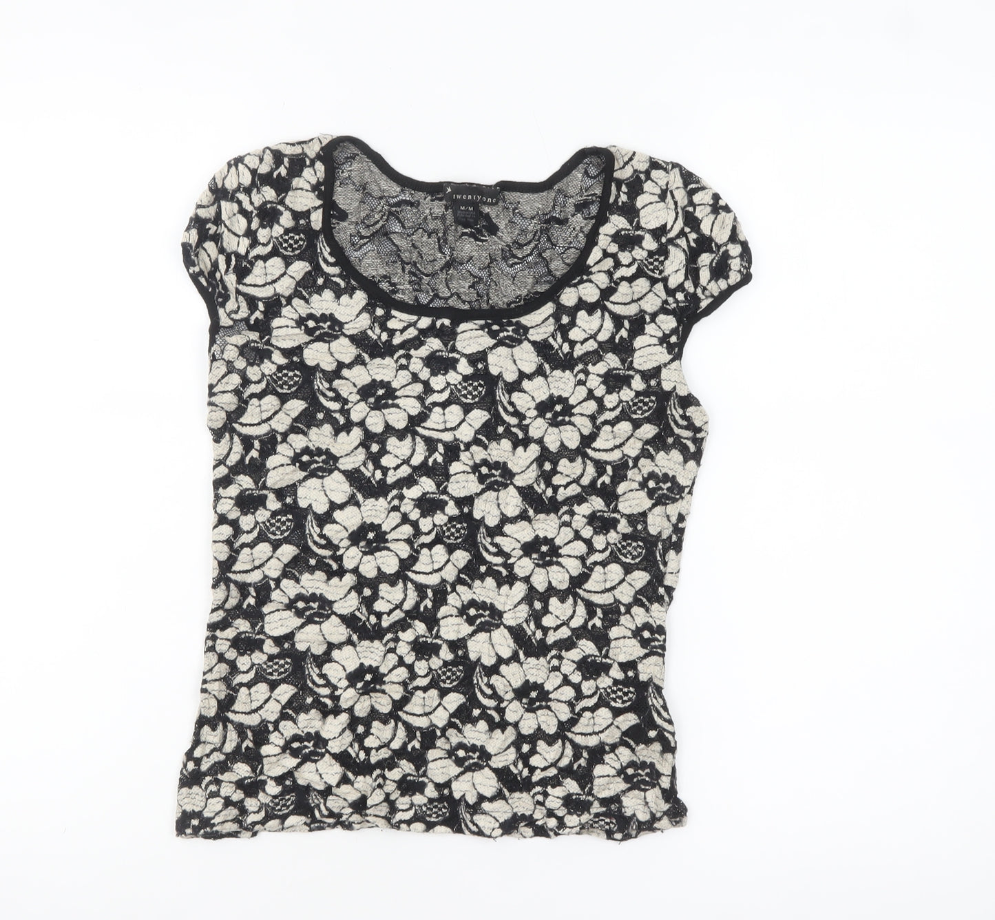 twentyone Women's Black Floral Lace Short Sleeve T-Shirt M