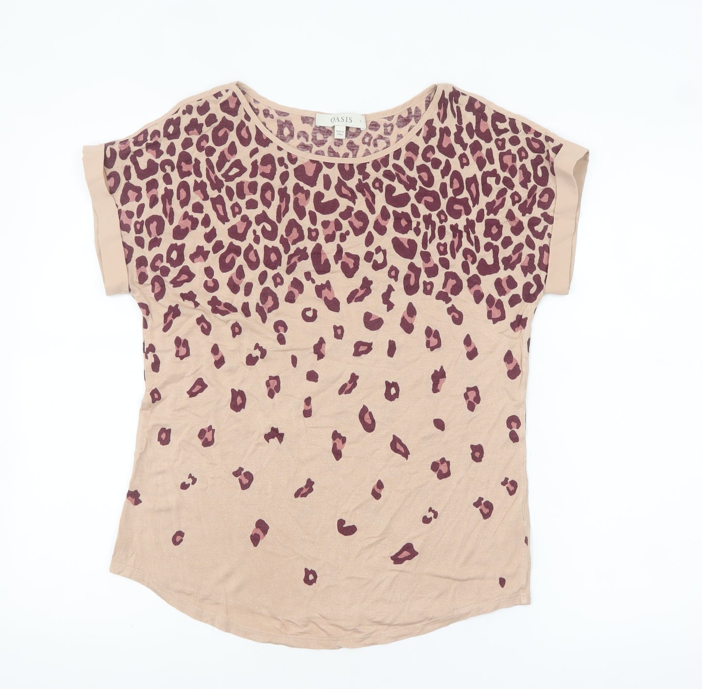 Oasis Womens Beige Animal Print Short Sleeve Viscose T-Shirt Size S