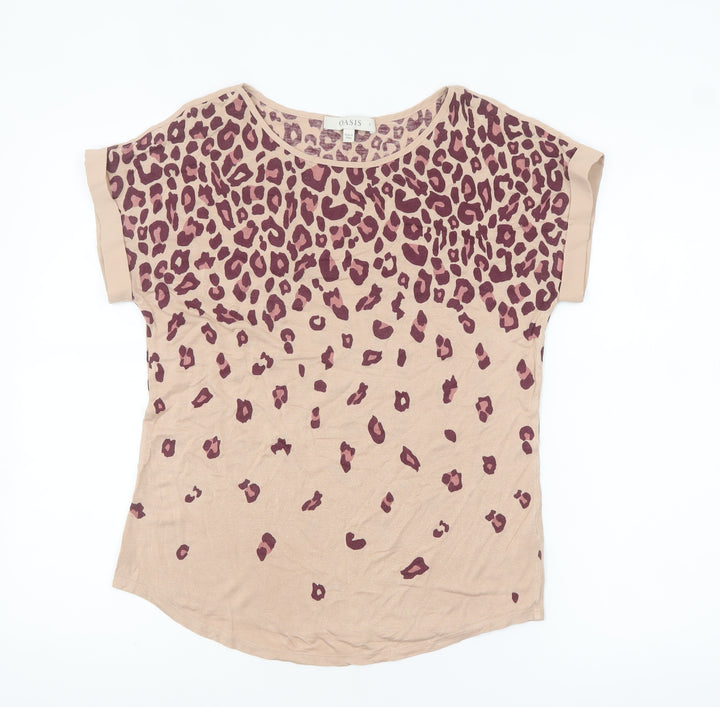 Oasis Womens Beige Animal Print Short Sleeve Viscose T-Shirt Size S