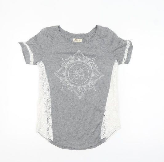 Hollister Women Grey Lace Panel Short Sleeve T-Shirt Size S