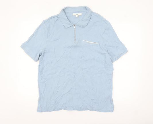 Marks and Spencer Men's Blue L Cotton 1/4 Zip Polo Shirt