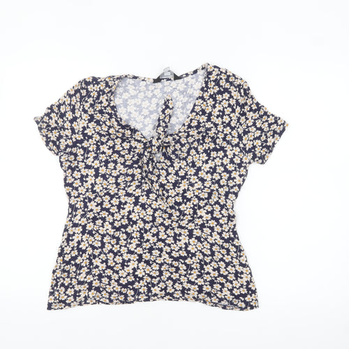 Dorothy Perkins Women's Blue Floral Tie Front Short Sleeve Blouse Size 12