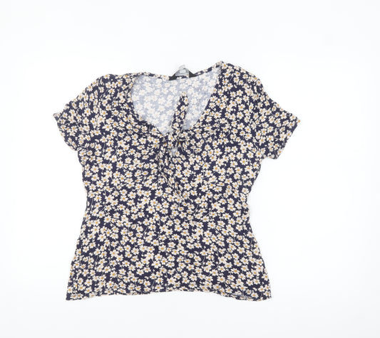 Dorothy Perkins Women's Blue Floral Tie Front Short Sleeve Blouse Size 12