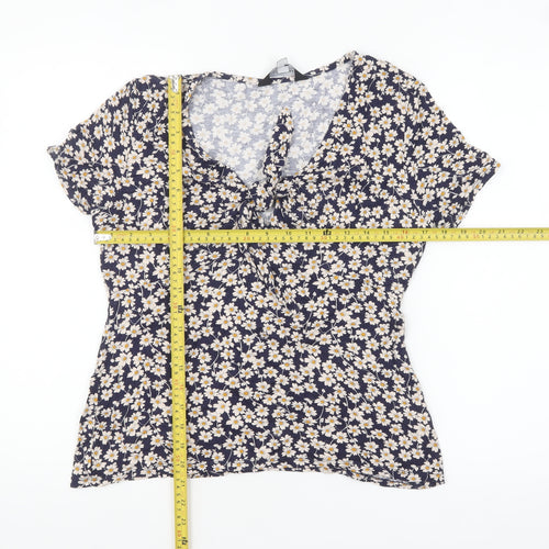 Dorothy Perkins Women's Blue Floral Tie Front Short Sleeve Blouse Size 12
