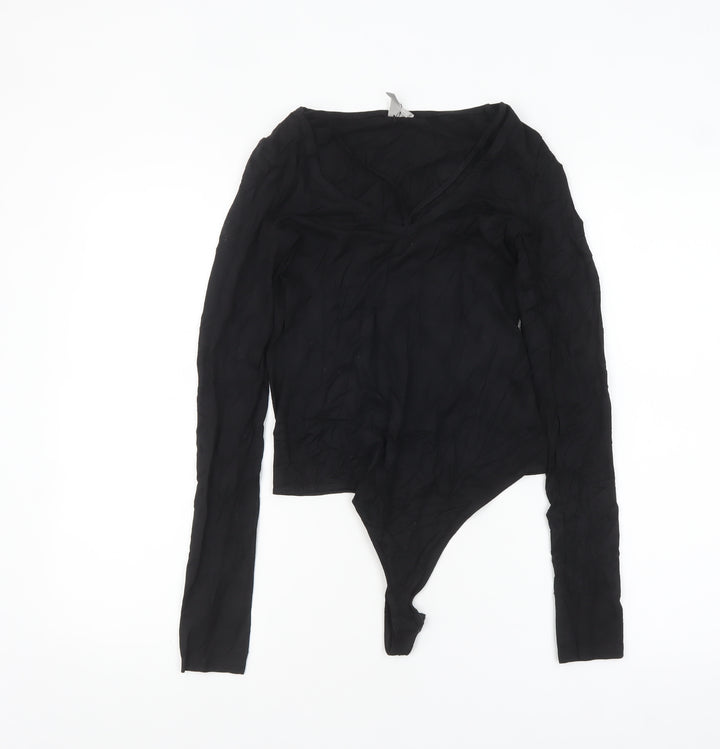 ASOS Women Black Long Sleeve Bodysuit UK 8 V-Neck Viscose Blend