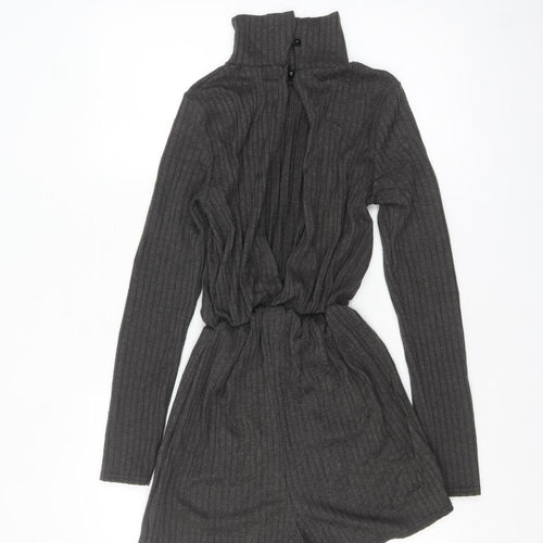 Missguided Women Grey Ribbed High Neck Long Sleeve Playsuit Size 8