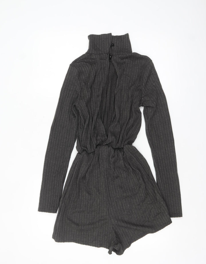Missguided Women Grey Ribbed High Neck Long Sleeve Playsuit Size 8