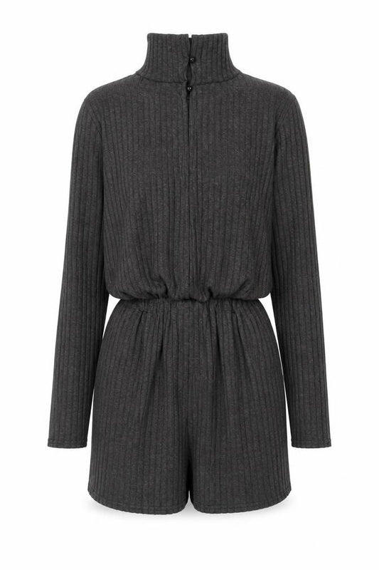 Missguided Women Grey Ribbed High Neck Long Sleeve Playsuit Size 8
