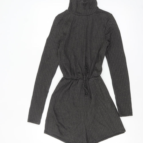 Missguided Women Grey Ribbed High Neck Long Sleeve Playsuit Size 8