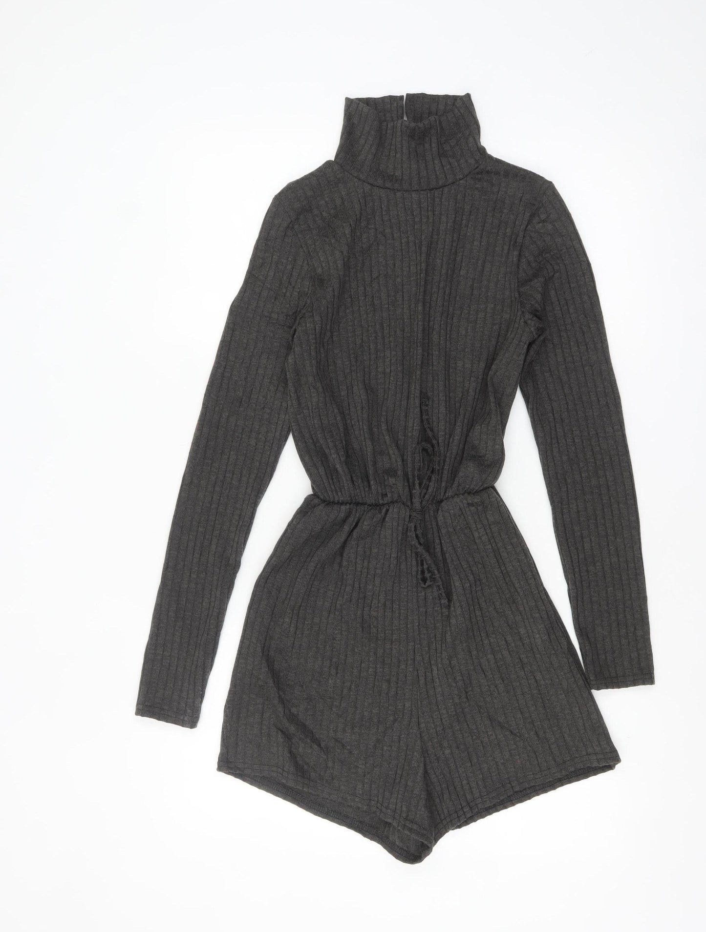 Missguided Women Grey Ribbed High Neck Long Sleeve Playsuit Size 8