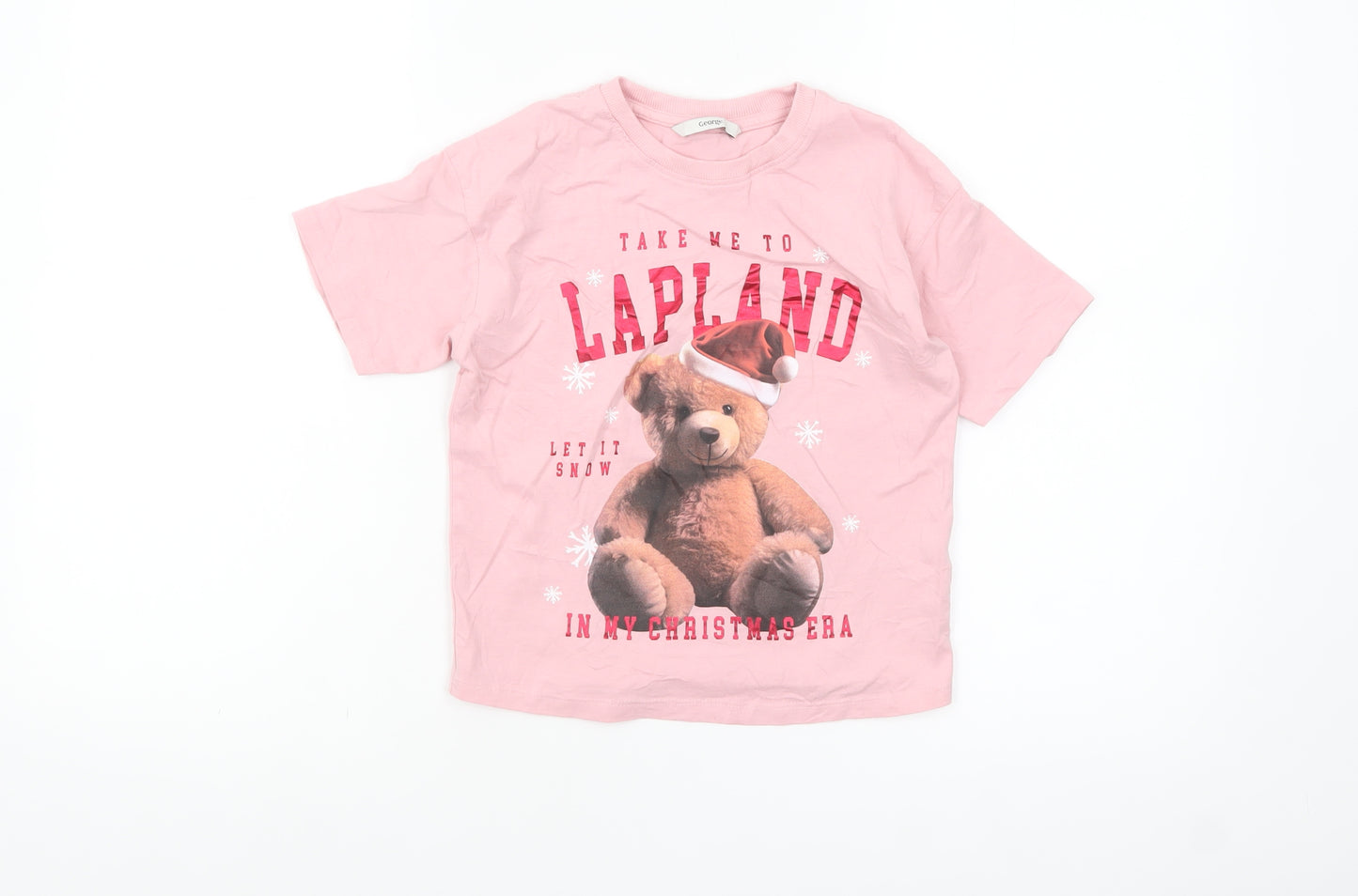 George Girls Pink Teddy Bear Christmas T-Shirt 7-8 Years Cotton