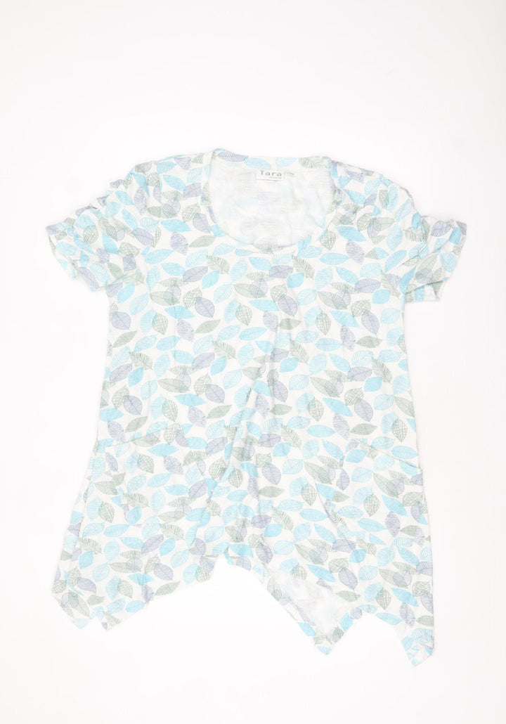 Tara Women Blue Leaf Print Cotton Tunic T-Shirt Size M
