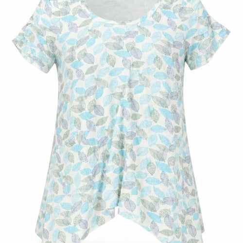 Tara Women Blue Leaf Print Cotton Tunic T-Shirt Size M