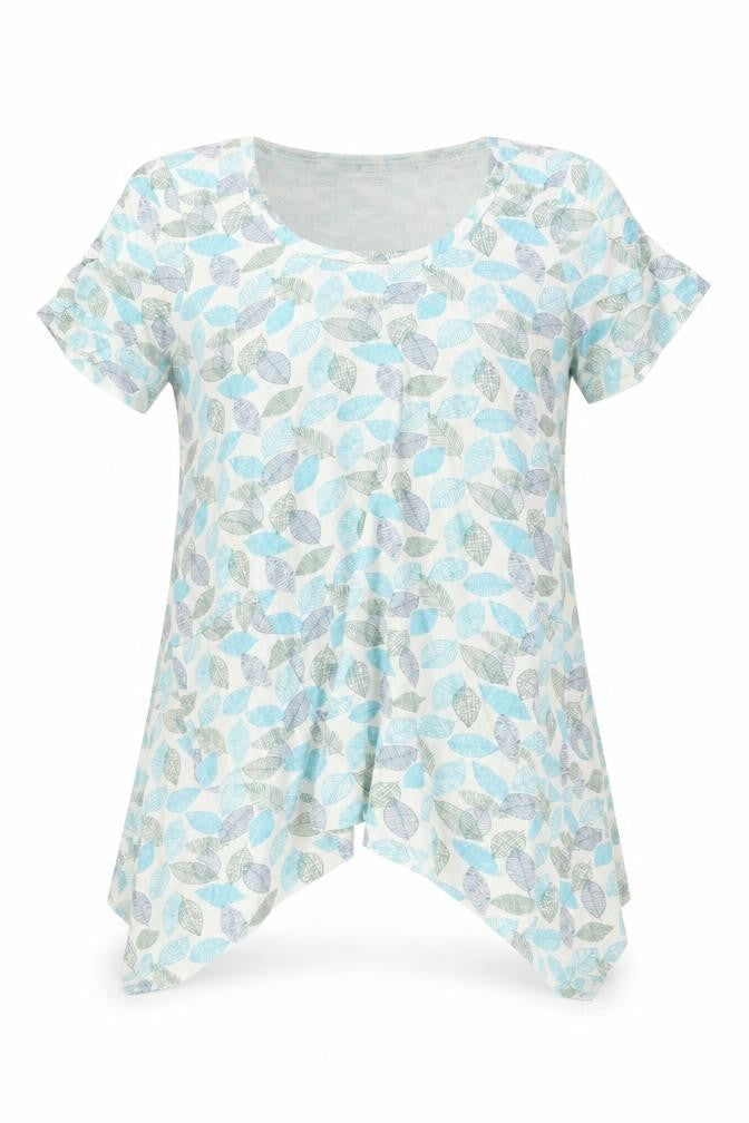 Tara Women Blue Leaf Print Cotton Tunic T-Shirt Size M