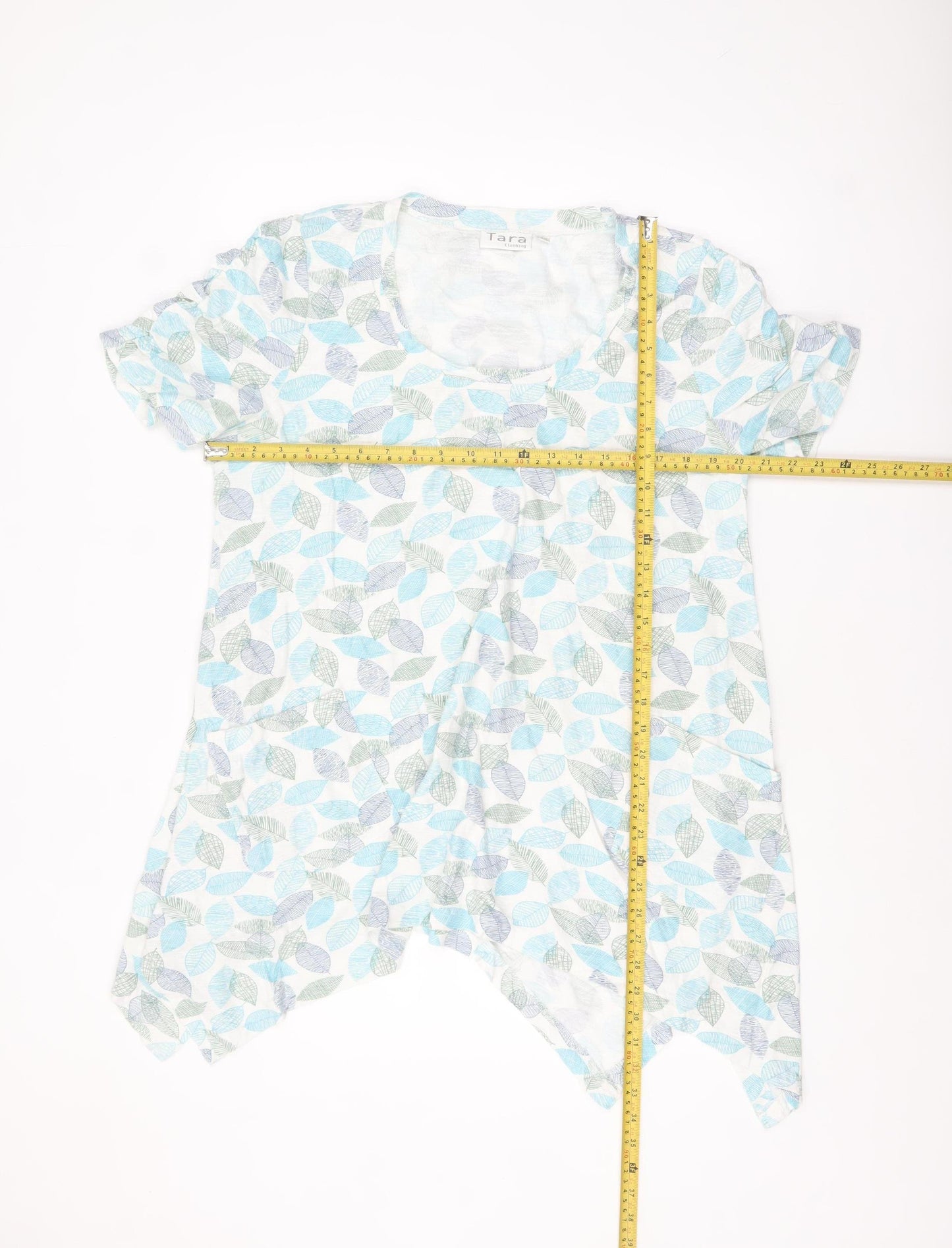 Tara Women Blue Leaf Print Cotton Tunic T-Shirt Size M