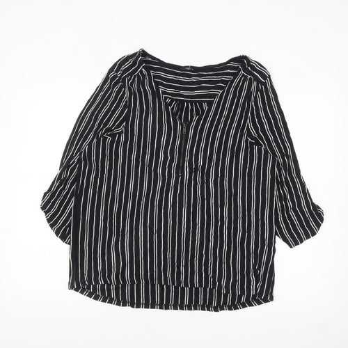M&Co Women’s Black Striped Petite 3/4 Sleeve Zip Tunic Blouse Size 18