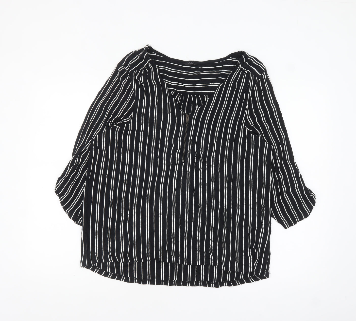 M&Co Women’s Black Striped Petite 3/4 Sleeve Zip Tunic Blouse Size 18