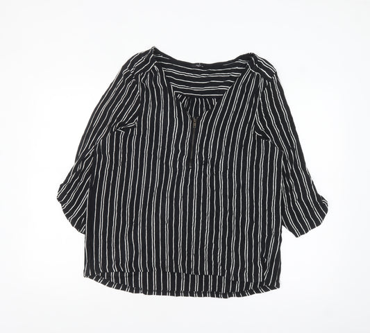 M&Co Women’s Black Striped Petite 3/4 Sleeve Zip Tunic Blouse Size 18