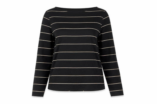 Front view of Principles women’s black striped long sleeve v-neck top, size UK 12