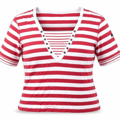Batela Women Red White Striped V-Neck T-Shirt Size 14