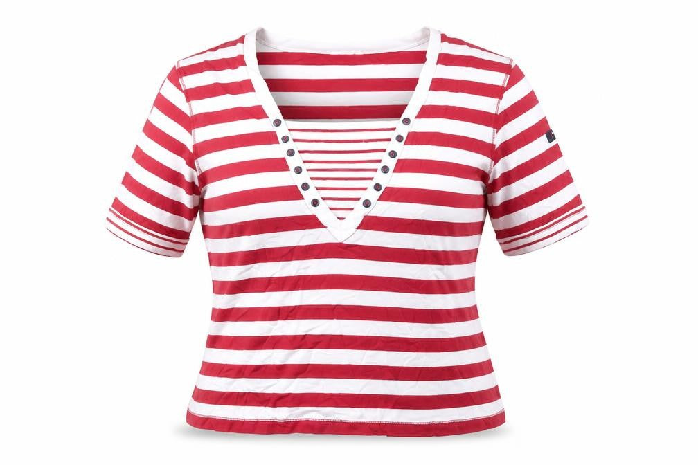Batela Women Red White Striped V-Neck T-Shirt Size 14