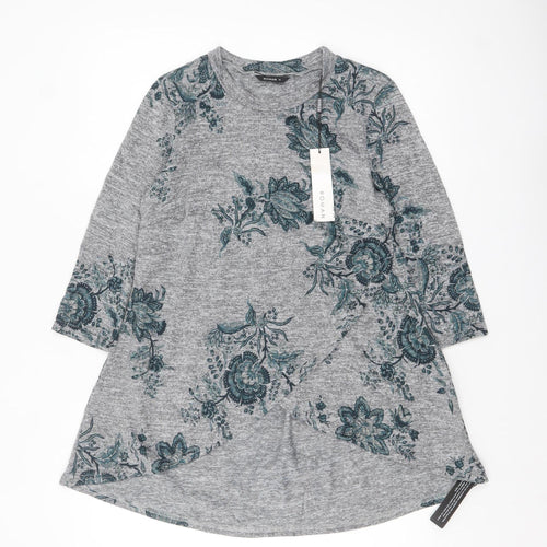 Roman Women's Grey Floral Tunic Top Size 10 3/4 Sleeve Stretch Jersey