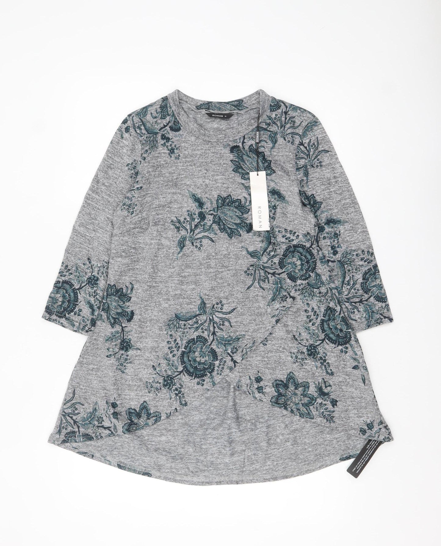 Roman Women's Grey Floral Tunic Top Size 10 3/4 Sleeve Stretch Jersey