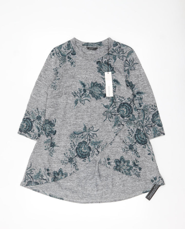 Roman Women's Grey Floral Tunic Top Size 10 3/4 Sleeve Stretch Jersey
