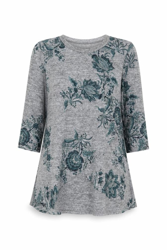 Roman Women's Grey Floral Tunic Top Size 10 3/4 Sleeve Stretch Jersey