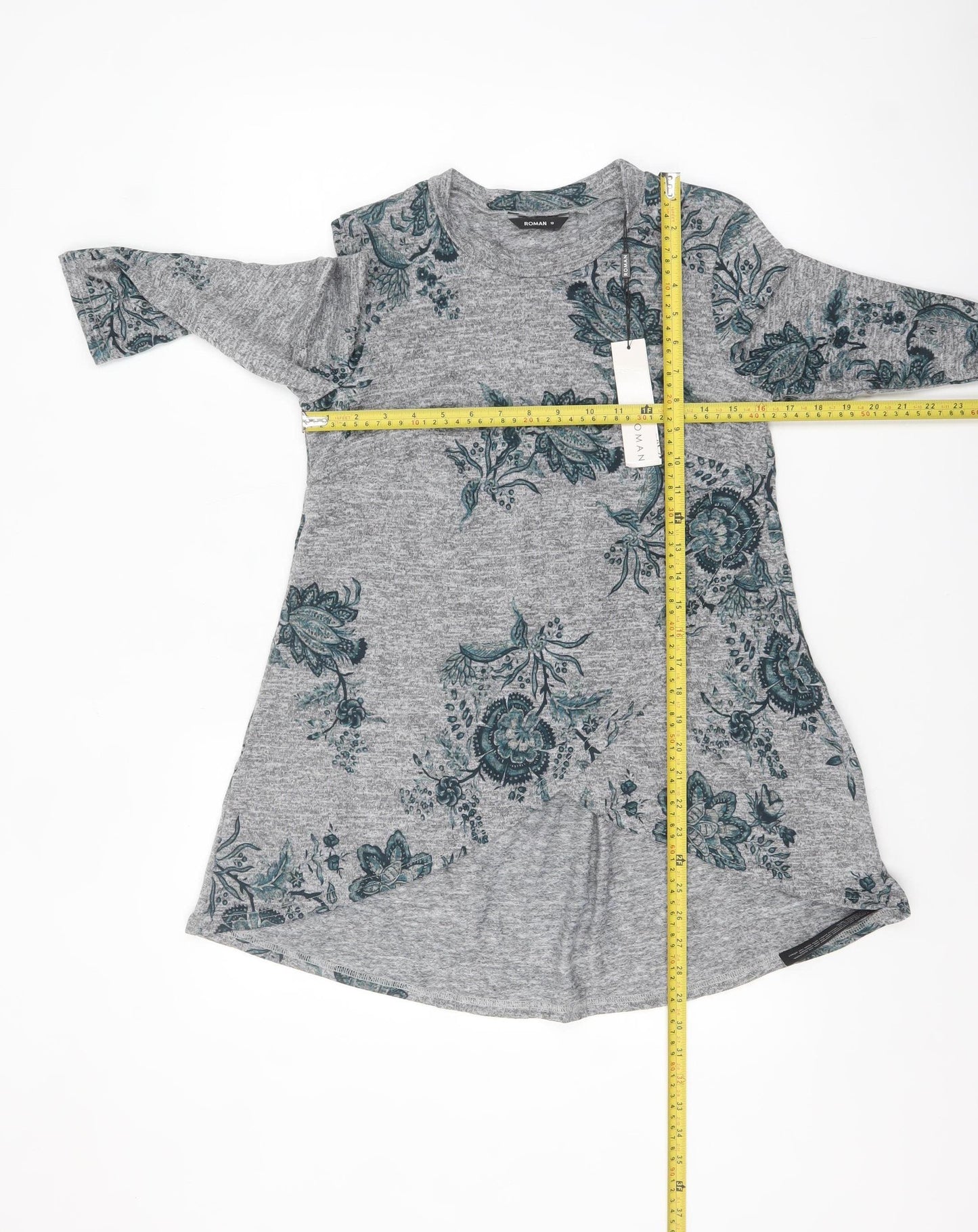 Roman Women's Grey Floral Tunic Top Size 10 3/4 Sleeve Stretch Jersey