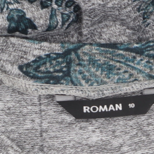 Roman Women's Grey Floral Tunic Top Size 10 3/4 Sleeve Stretch Jersey