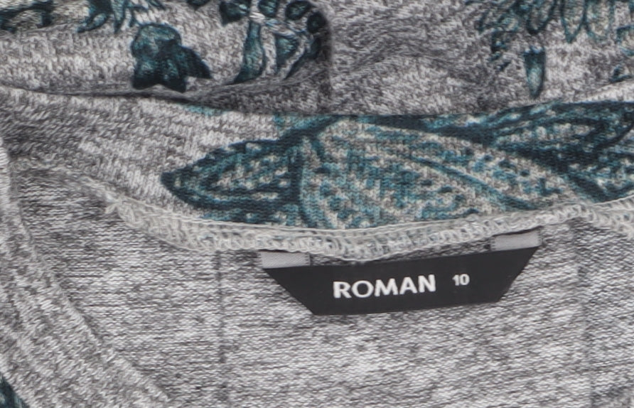 Roman Women's Grey Floral Tunic Top Size 10 3/4 Sleeve Stretch Jersey