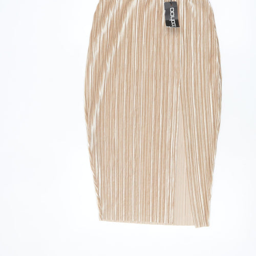 Boohoo Women Beige Velvet Pleated Midi Pencil Skirt Size 12