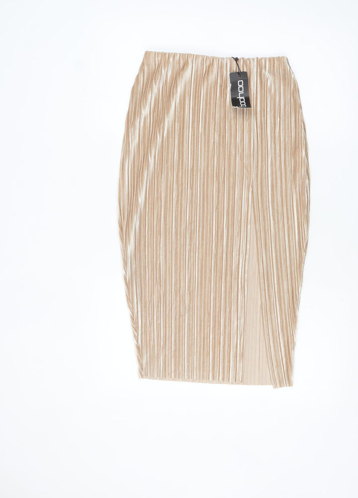 Boohoo Women Beige Velvet Pleated Midi Pencil Skirt Size 12