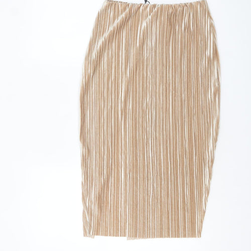 Boohoo Women Beige Velvet Pleated Midi Pencil Skirt Size 12