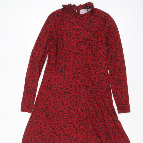 New Look Women Red Floral A-Line Dress Size 10 Long Sleeve