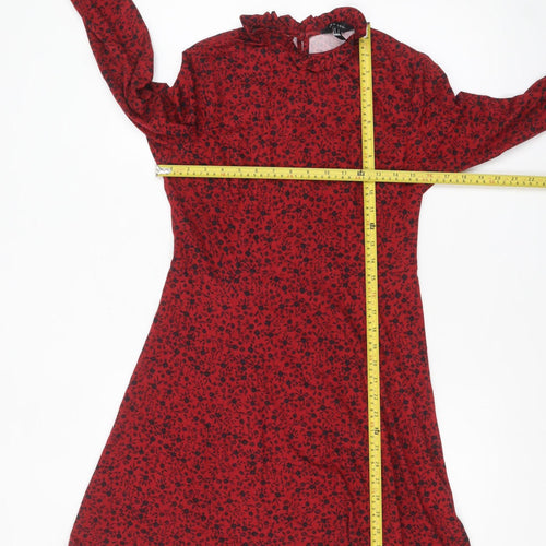 New Look Women Red Floral A-Line Dress Size 10 Long Sleeve