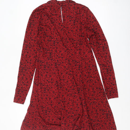 New Look Women Red Floral A-Line Dress Size 10 Long Sleeve