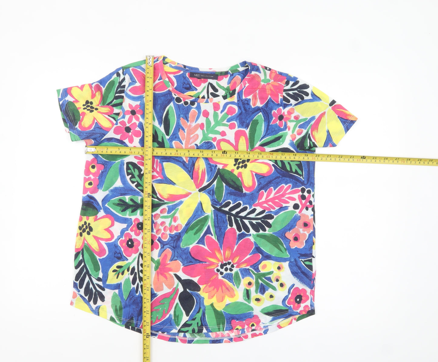 Marks and Spencer Womens Blue Mix Floral T-Shirt UK 14 Short Sleeve