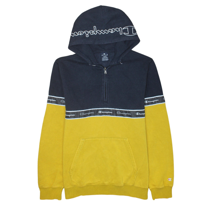 Champion Men's Blue Yellow 1/2 Zip Hoodie Large Logo Fleece